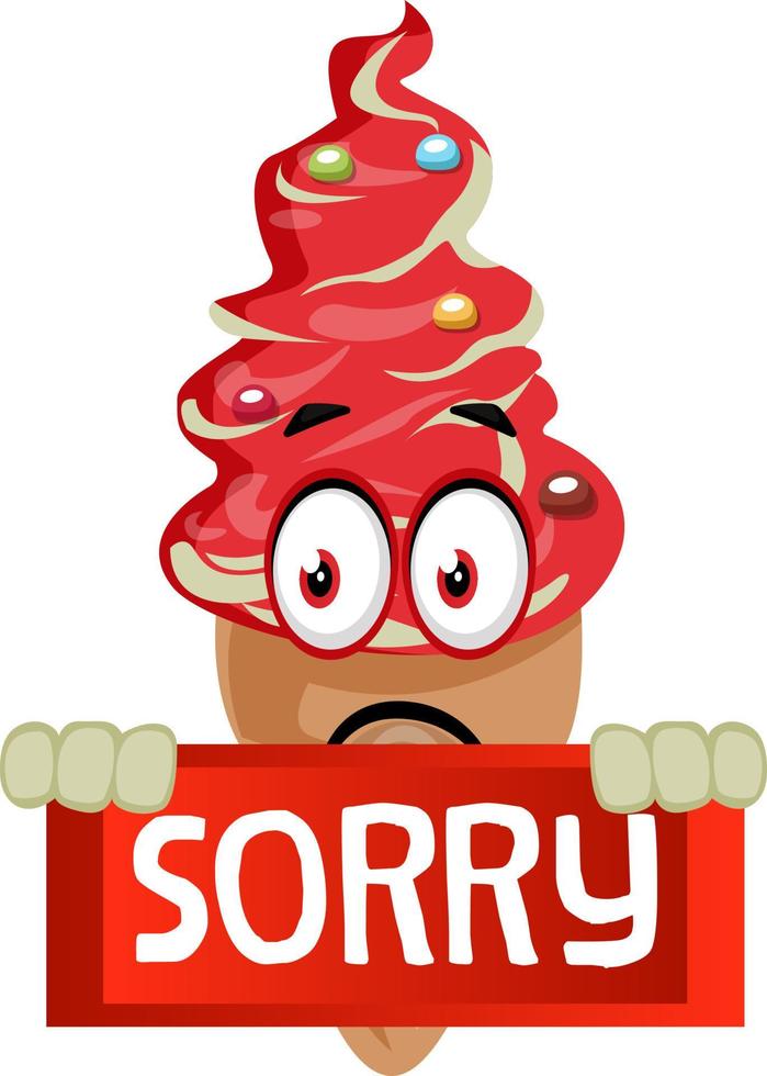 Ice cream with sorry sign, illustration, vector on white background.