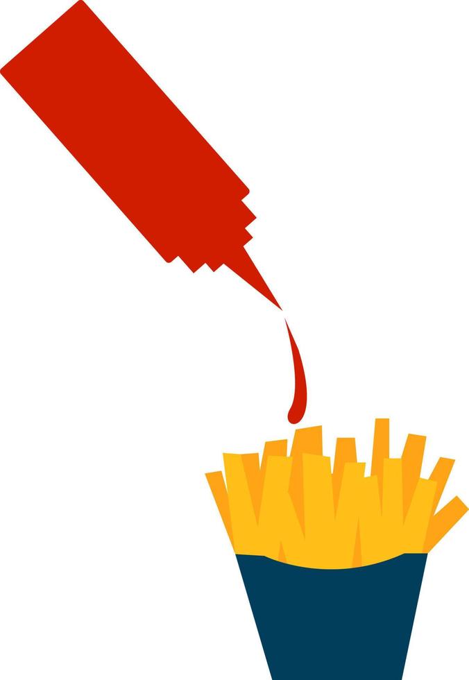 French fries with ketchup, illustration, vector on white background.