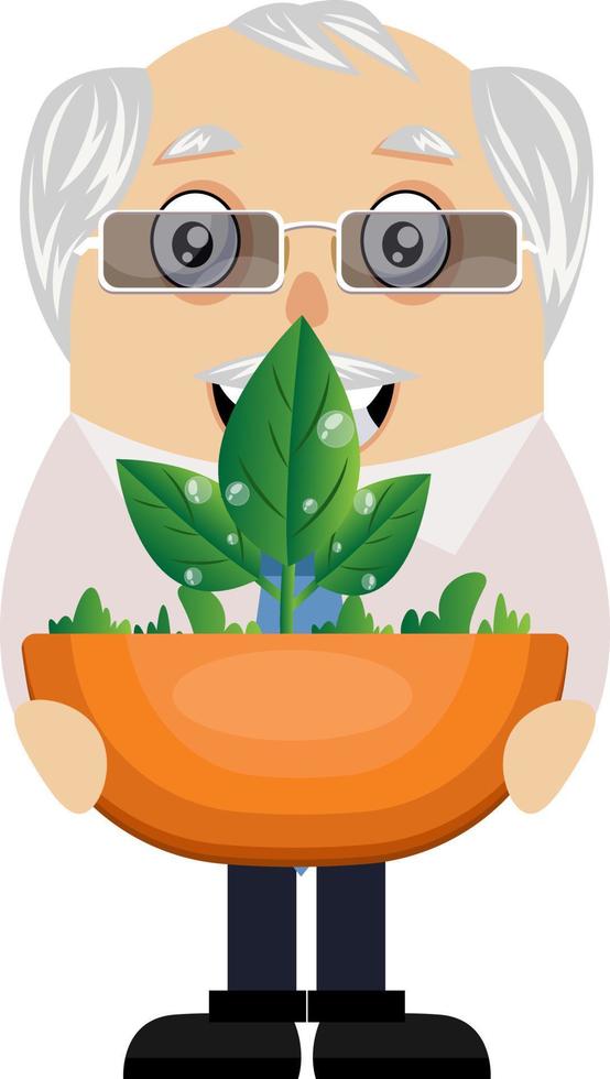Old man with plant, illustration, vector on white background.