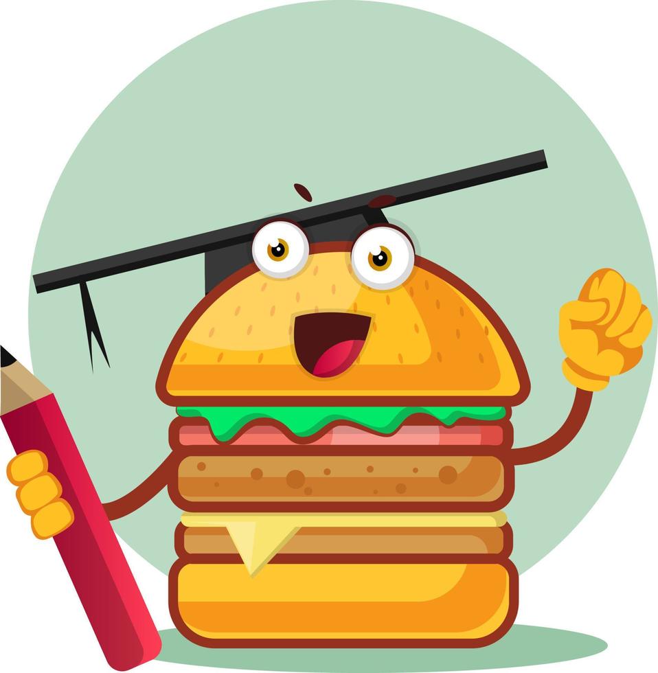Burger con un gorro de graduación tiene un lápiz, ilustración, vector sobre fondo blanco.