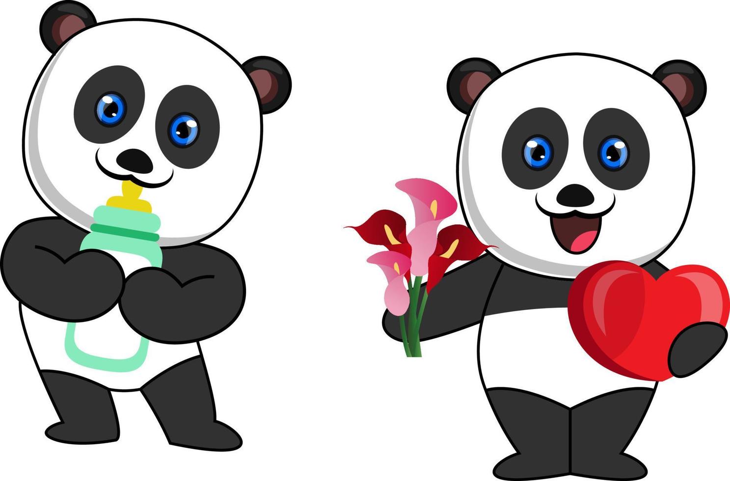 Pandas with milk and flowers, illustration, vector on white background.