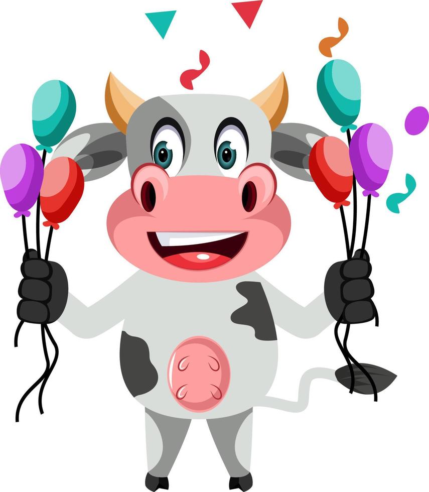 Vaca con globos, ilustración, vector sobre fondo blanco.