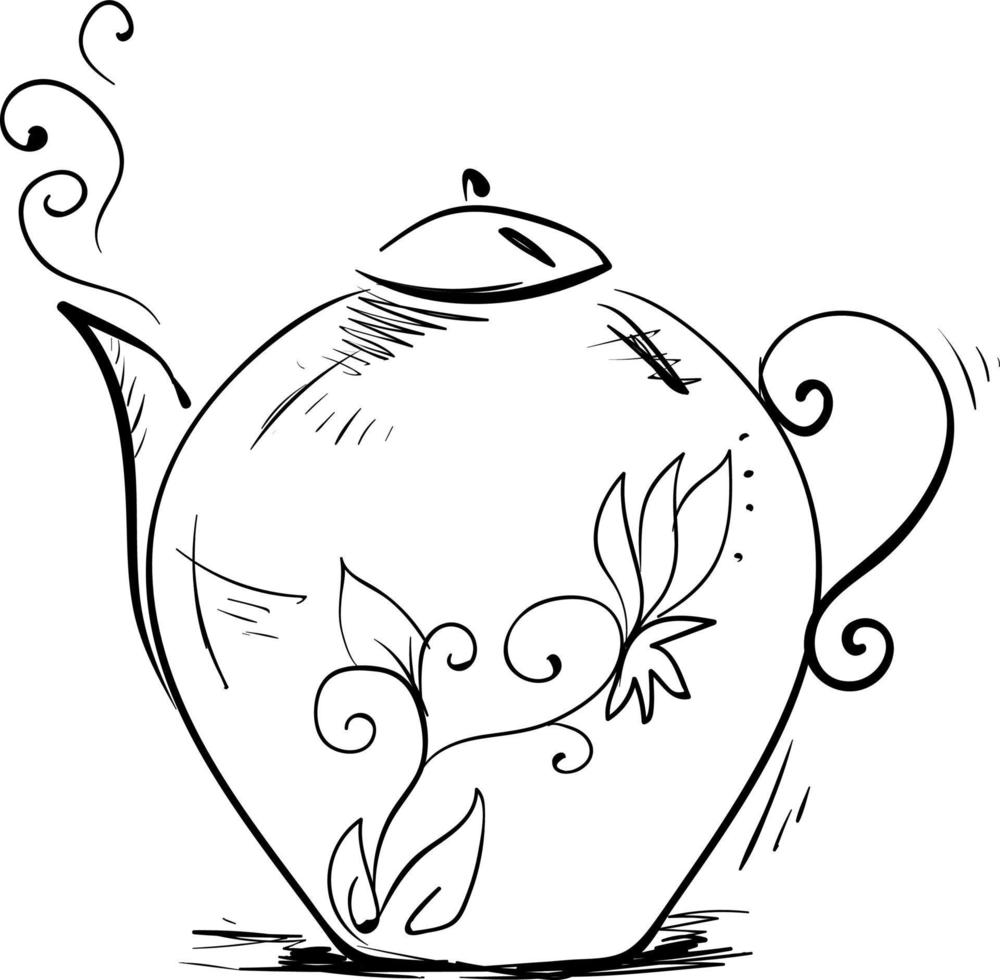 Teapot drawing, illustration, vector on white background.