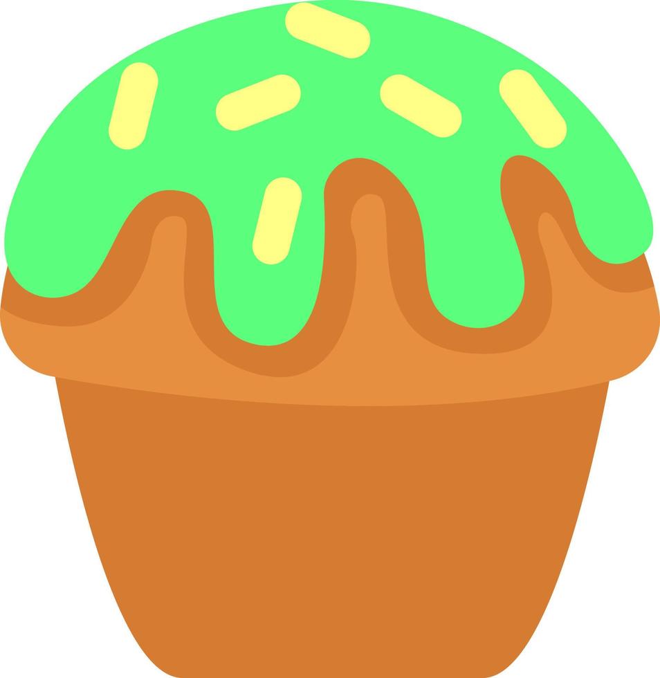 Cupcake with green icing and sprinkles on top, illustration, vector on a white background