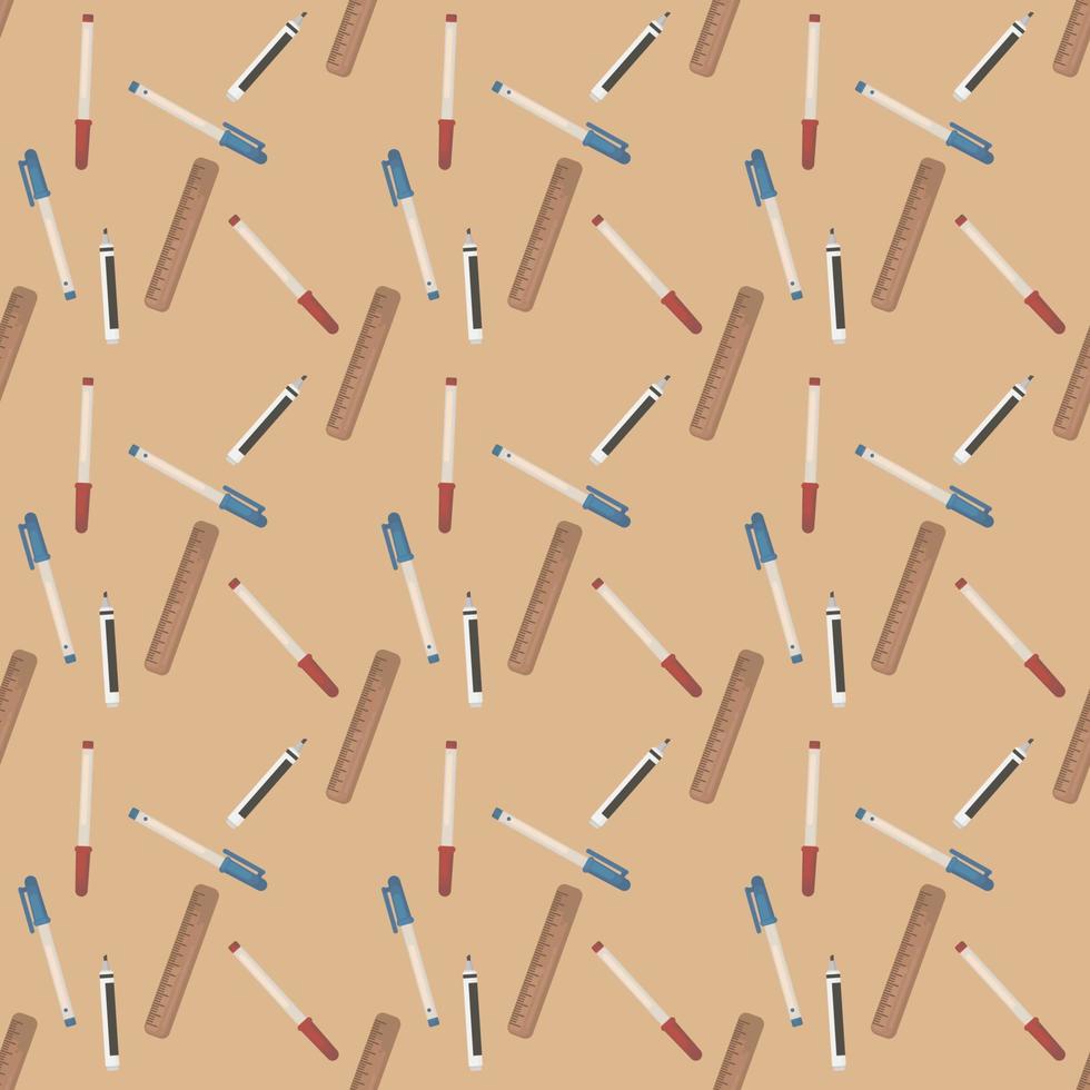 Pens and ruler, seamless pattern on orange background. vector