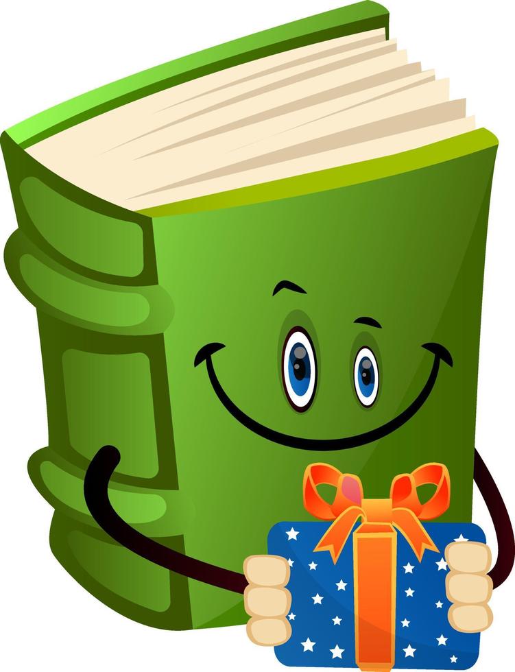 Cartoon book character is holding present, illustration, vector on white background.