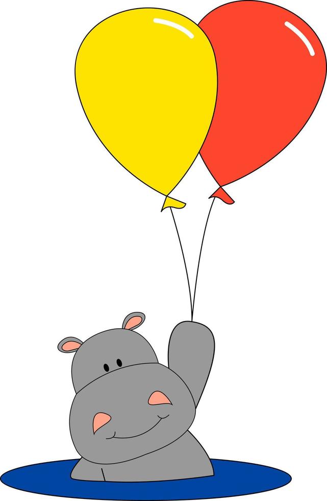 Hippo with balloon, illustration, vector on white background.