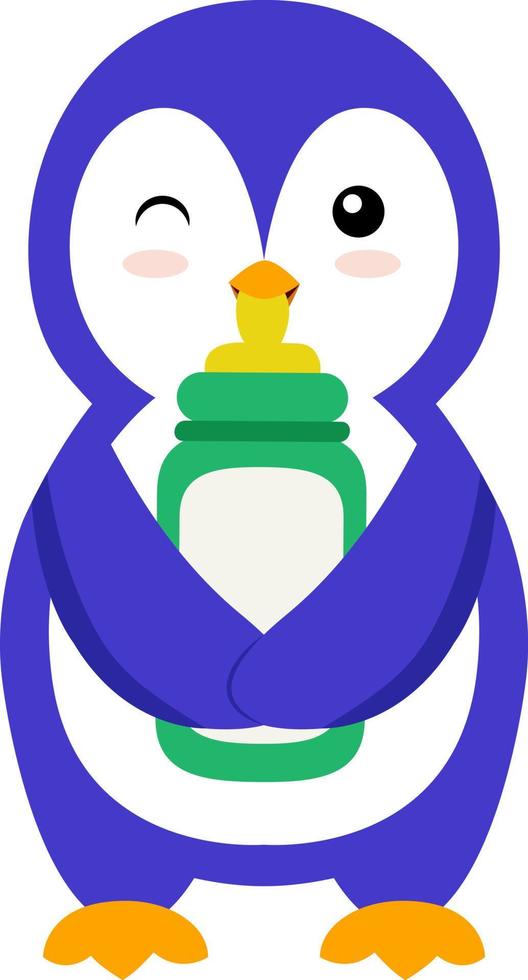 Penguin with bottle, illustration, vector on white background.