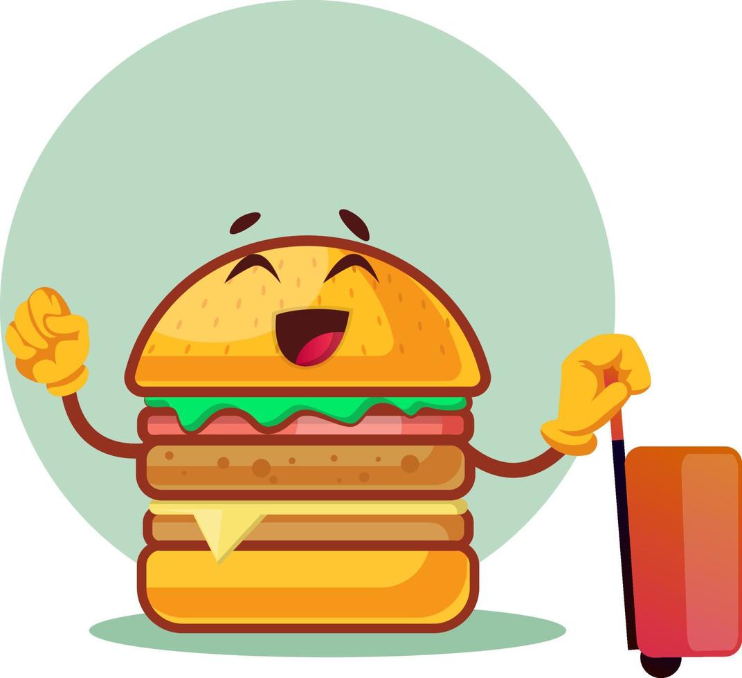 burger is pulling the suitcase, illustration, vector on white background.