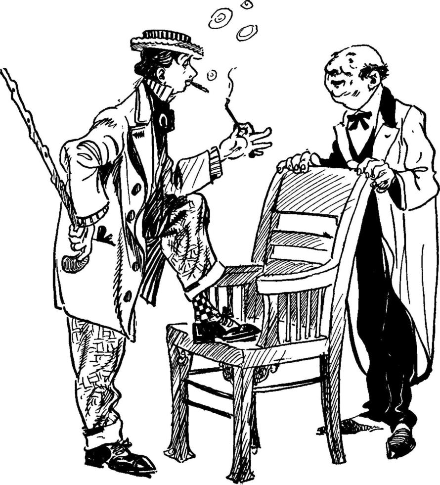 Two Men Standing with a Chair, vintage illustration. vector