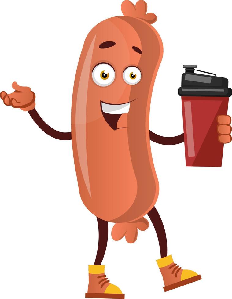 Sausage with thermos, illustration, vector on white background.