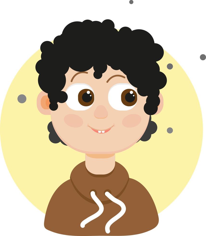 Boy with black curly hair, illustration, vector on a white background.