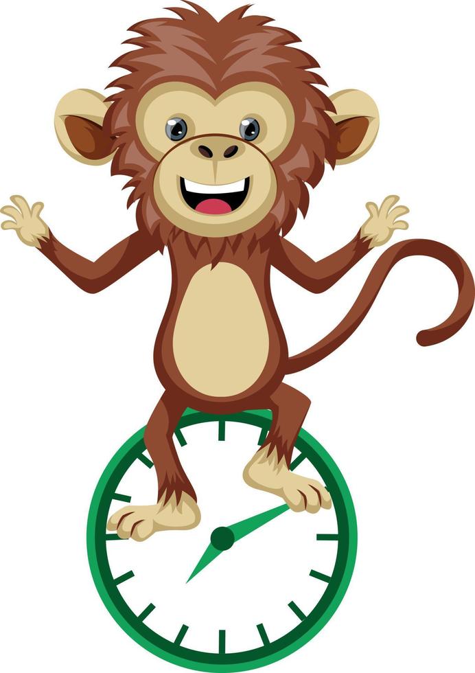 Monkey with clock, illustration, vector on white background.