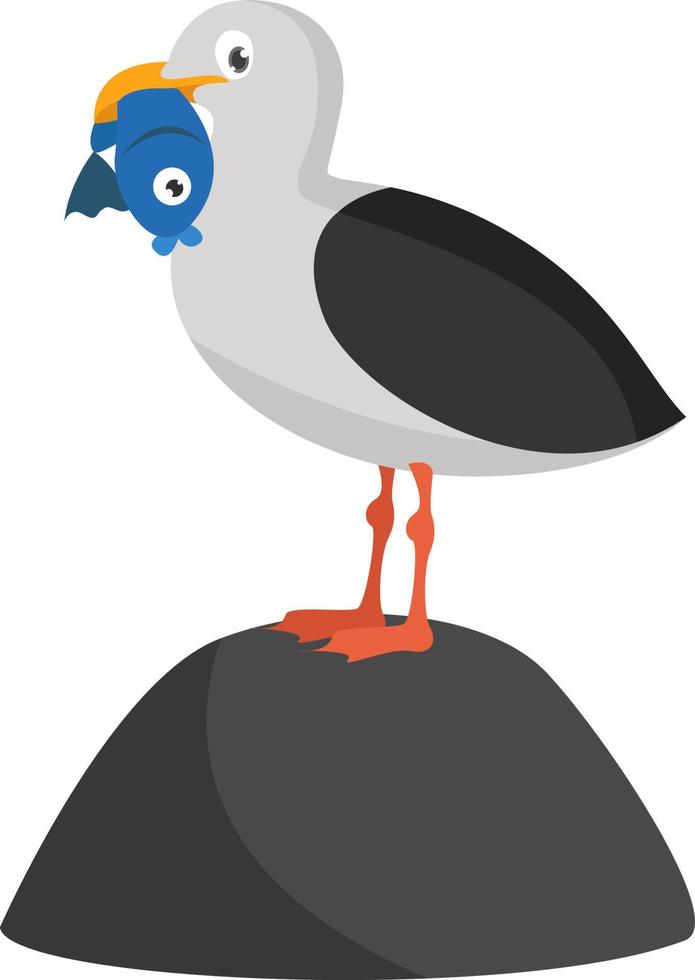 Gaviota con pescado, ilustración, vector sobre fondo blanco