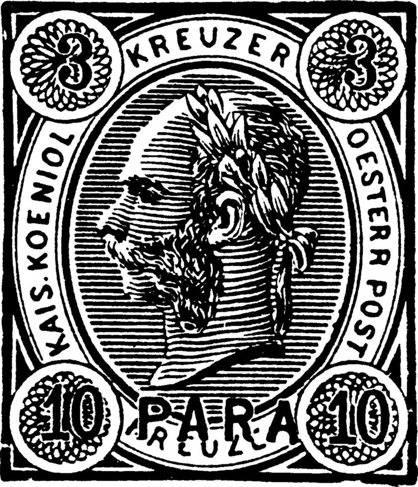 Austria 3 Kreuzer 10 Para Stamp in 1890, vintage illustration. vector