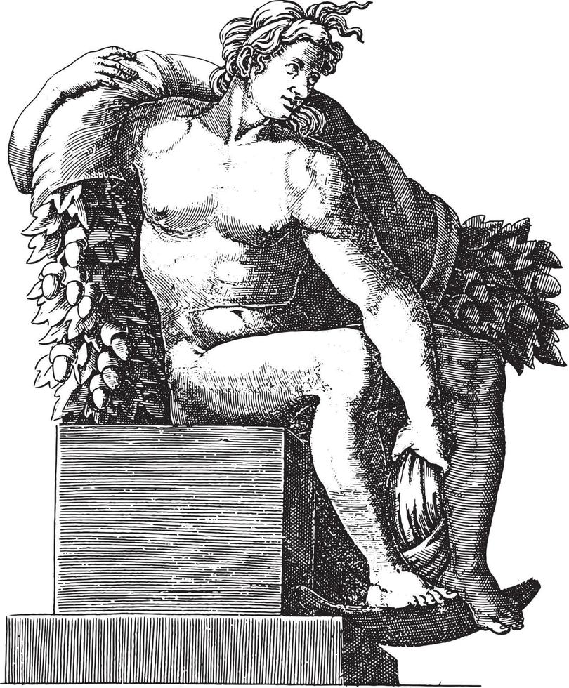 Seated Nude, Adamo Scultori, after Michelangelo, 1585, vintage illustration. vector