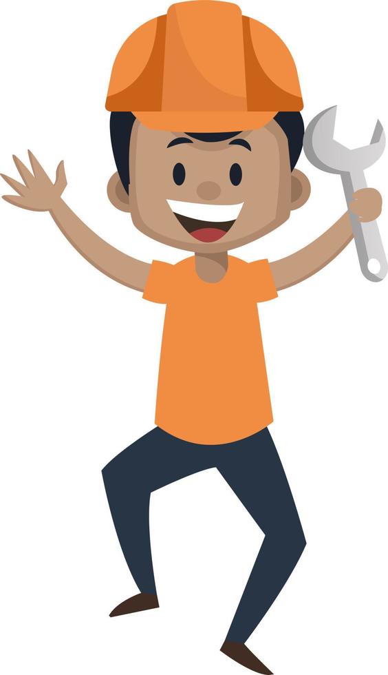 Boy is holding wrench tool, illustration, vector on white background.