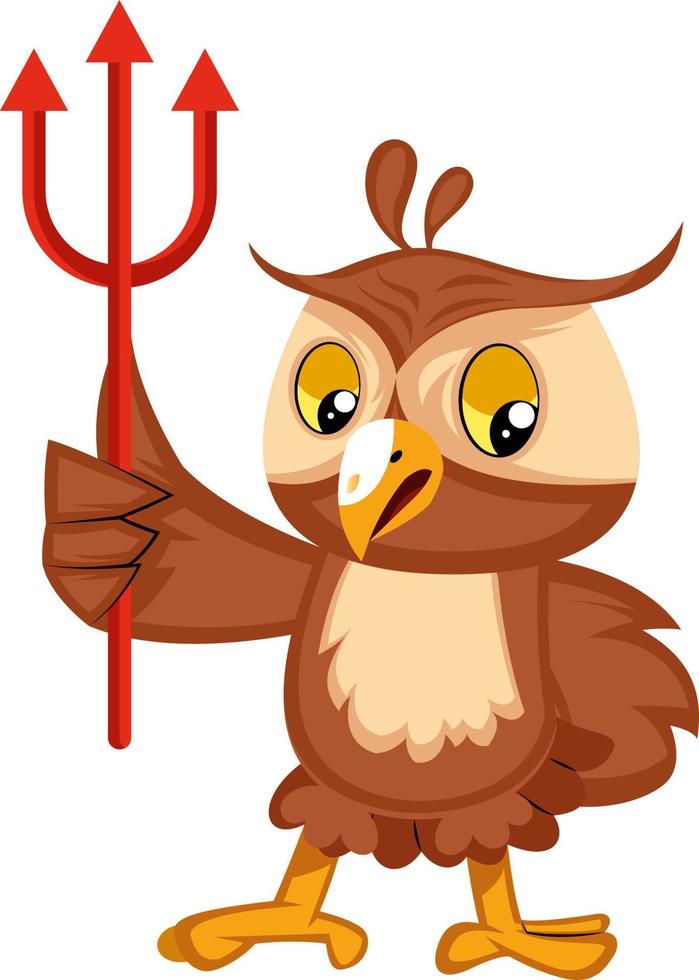 Owl with devil fork, illustration, vector on white background.