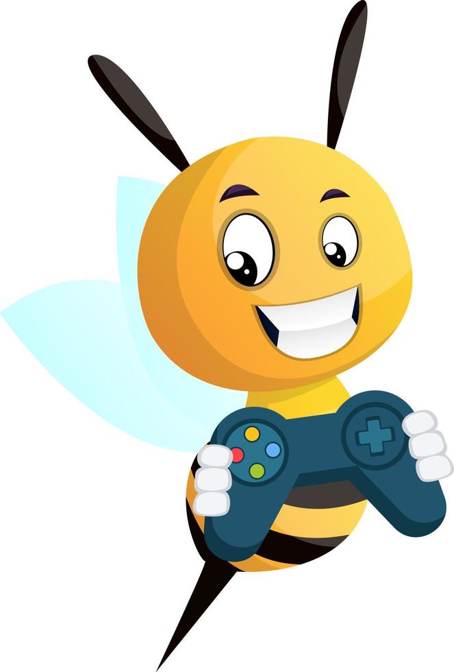 Bee sosteniendo el joystick, ilustración, vector sobre fondo blanco.