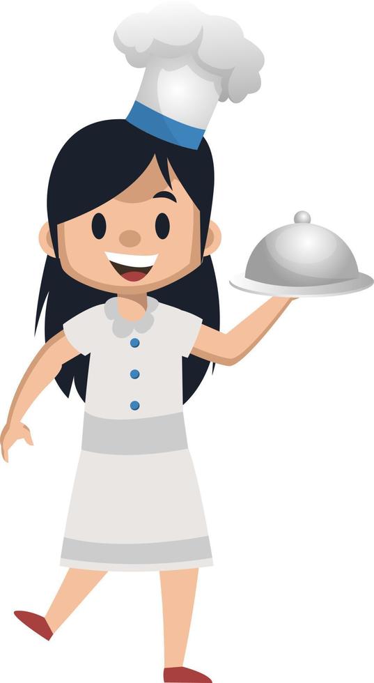 Chica cocinando con gorro de cocina, ilustración, vector sobre fondo blanco.