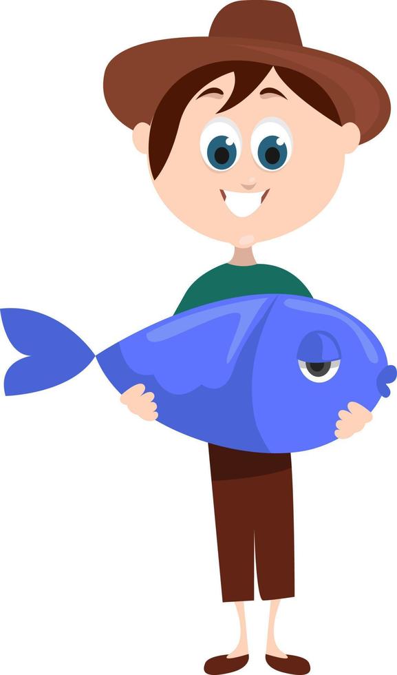 Fisherman with a fish, illustration, vector on white background