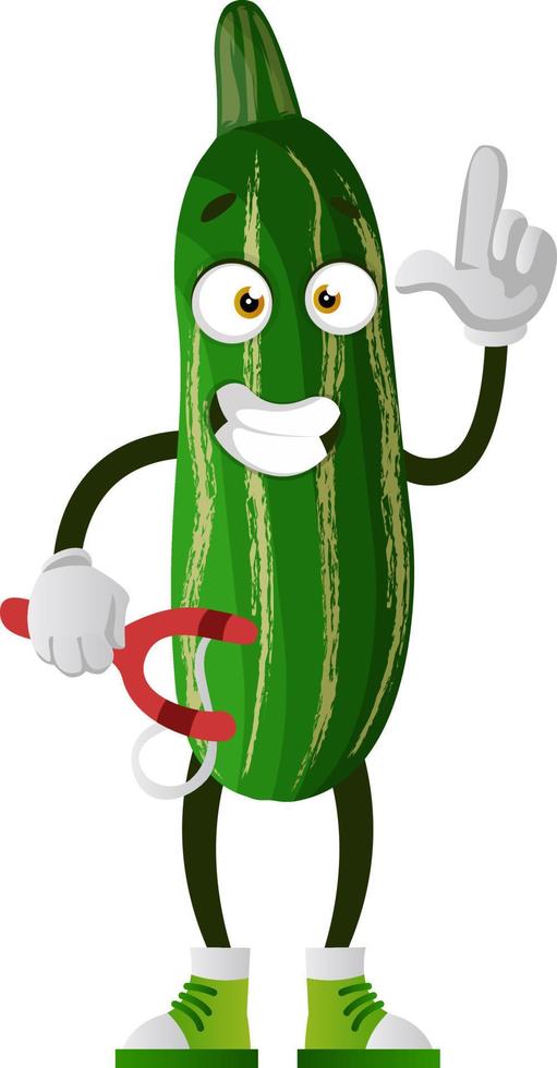 Pepino con tirachinas, ilustración, vector sobre fondo blanco.