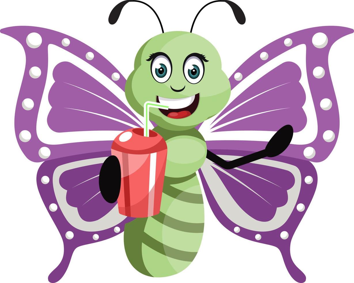 Butterfly with drink, illustration, vector on white background.