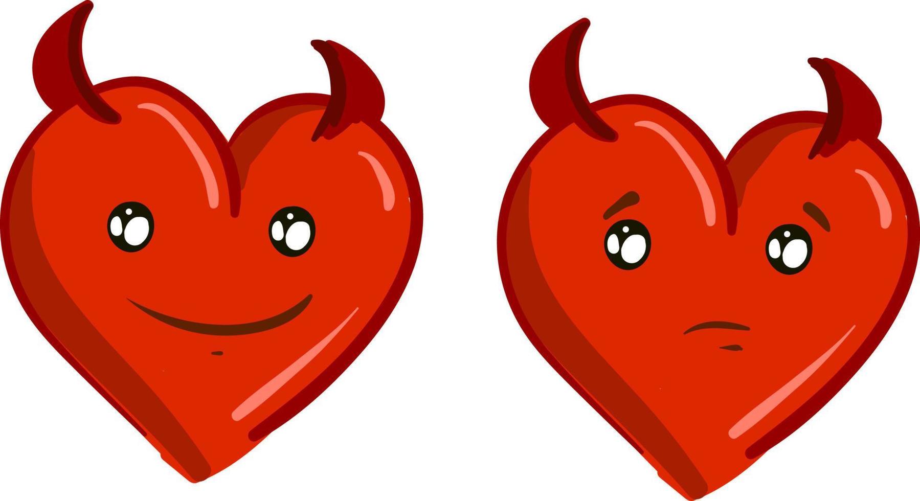A 2 red devil hearts, vector or color illustration.