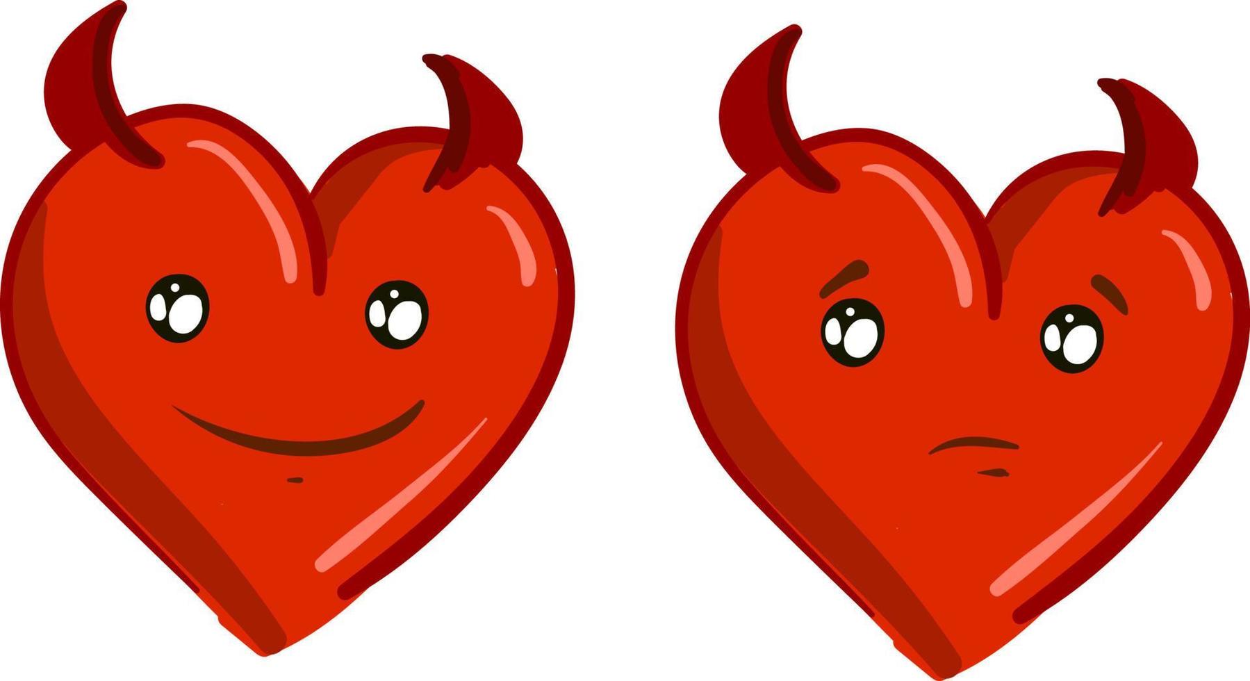 2 corazones de diablo rojo, vector o ilustración de color.