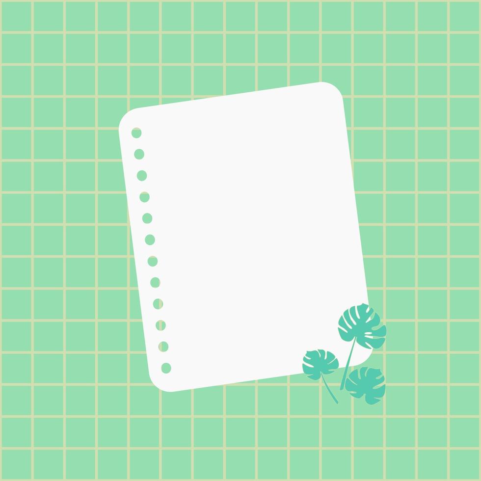 White note paper on a green grid background. A sheet of notebook paper place on green checker background with little star. Vector illustration, flat style.