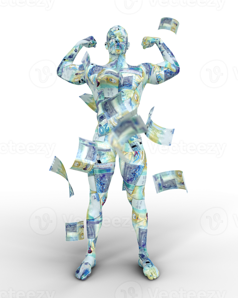 3D rendering of human figure made up of Kuwaiti dinar notes png