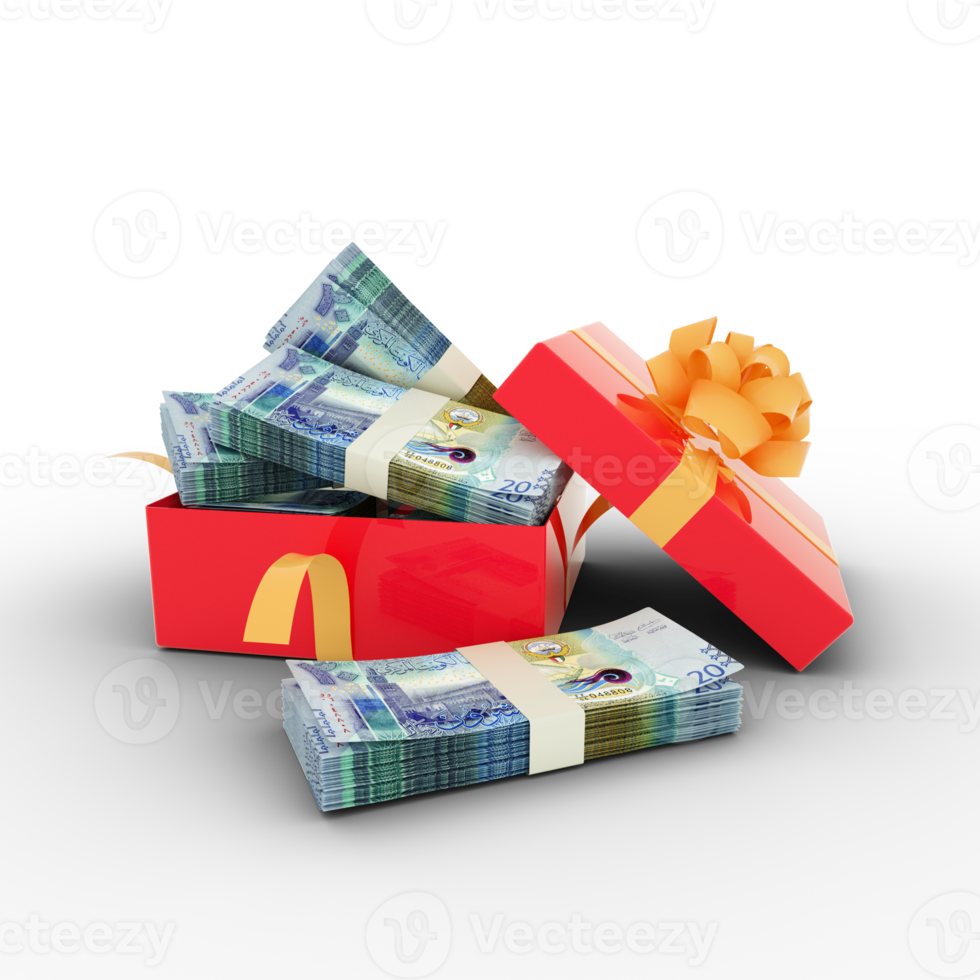 Stack of Kuwaiti dinar notes inside an open red gift box. Bundles of Kuwaiti dinar inside a gift box. 3d rendering of money inside box isolated on transparent background png