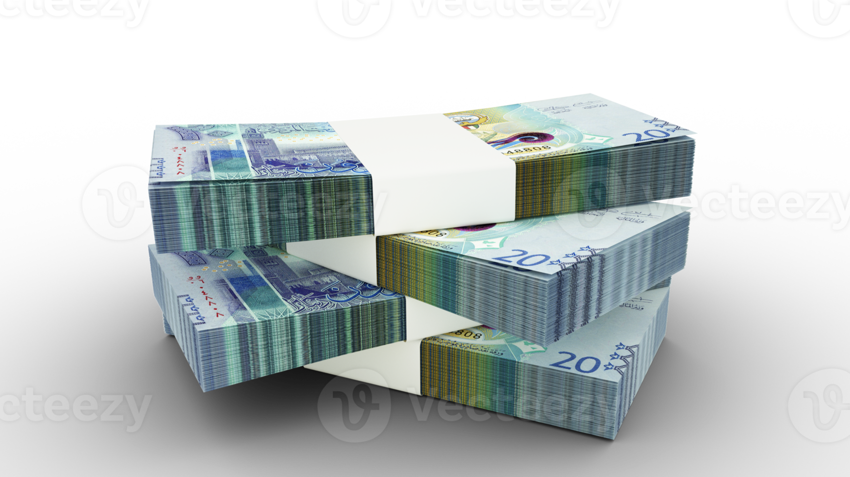 3d rendering of Stack of Kuwaiti dinar notes. Few bundles of Kuwaiti currency isolated on transparent background png