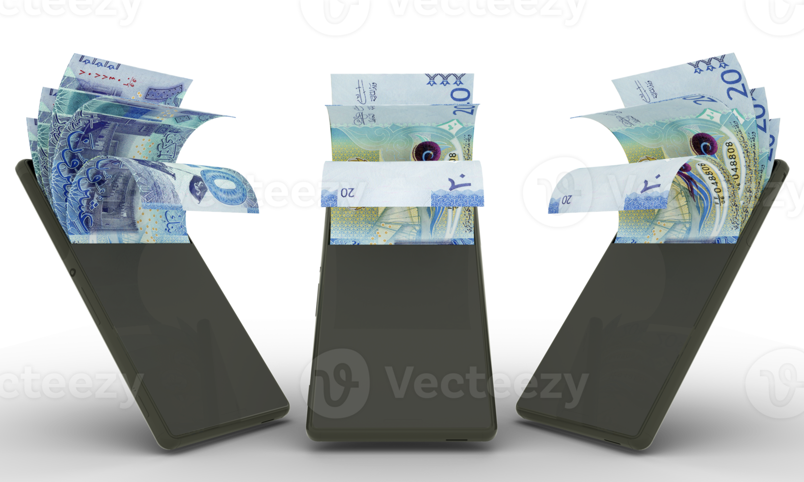 Kuwaiti dinar notes inside a mobile phone. money coming out of mobile phone. 3d rendering of set of mobile money transaction concept. money from Phone png