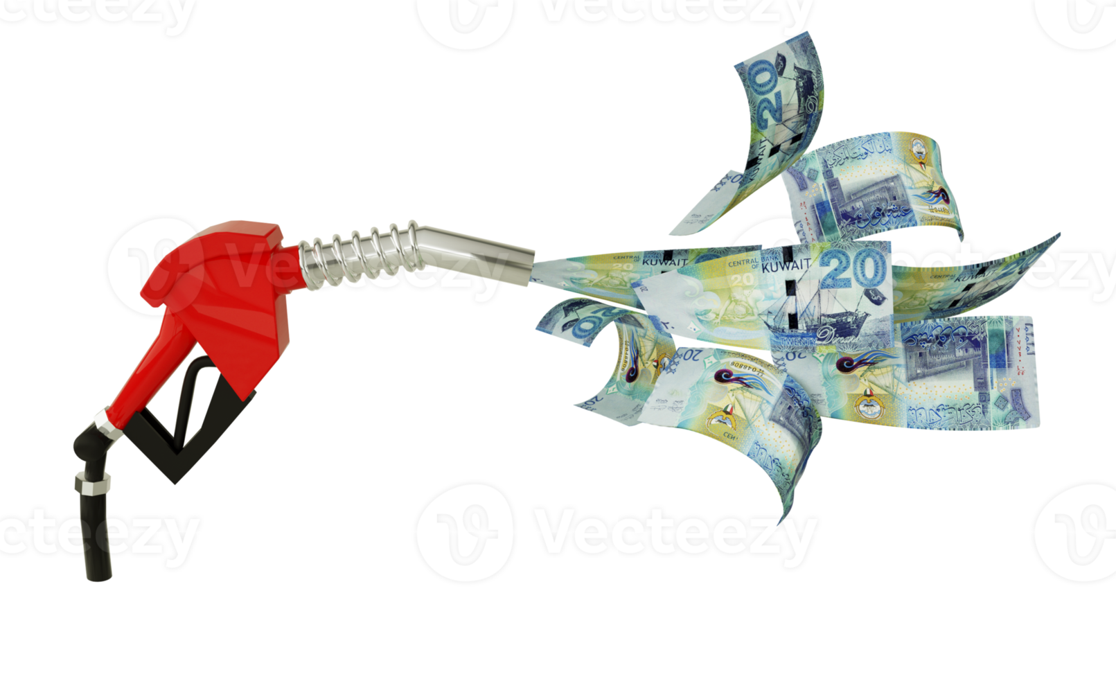 3d rendering of Kuwaiti dinar notes coming out from fuel pump. red fuel nozzle with Kuwaiti dinars flying around png