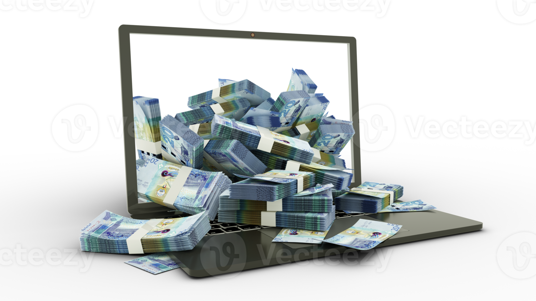 3d renderen van Koeweit dinar aantekeningen komt eraan uit van een laptop toezicht houden op geïsoleerd Aan transparant achtergrond. stapels van Koeweit dinars aantekeningen binnen een laptop. geld van computer, geld van laptop png