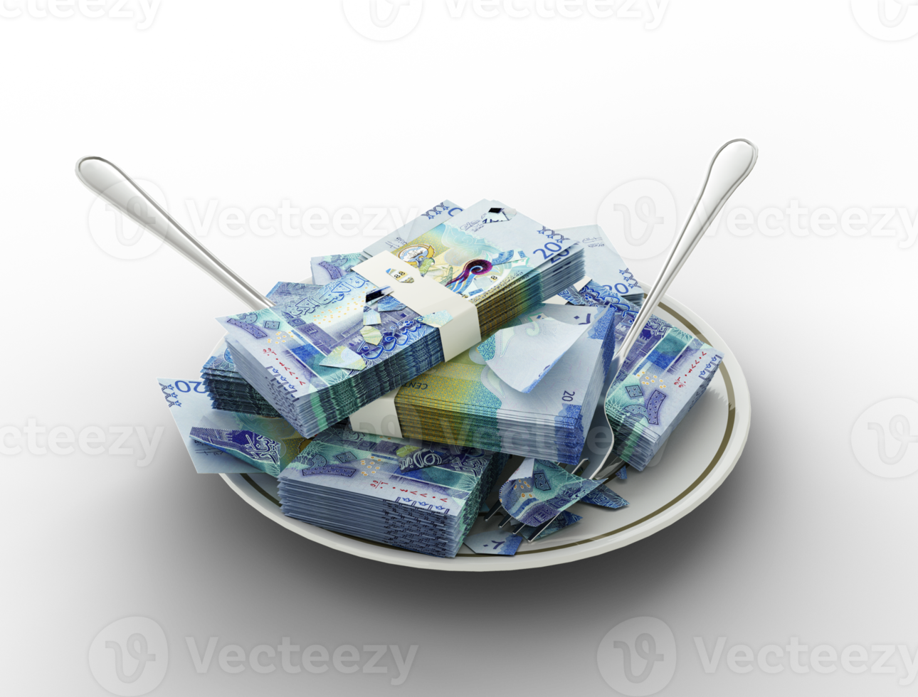 3D rendering of Kuwaiti dinar notes on plate. Money spent on food concept. Food expenses, expensive meal, spending money concept. eating money, misuse of money png