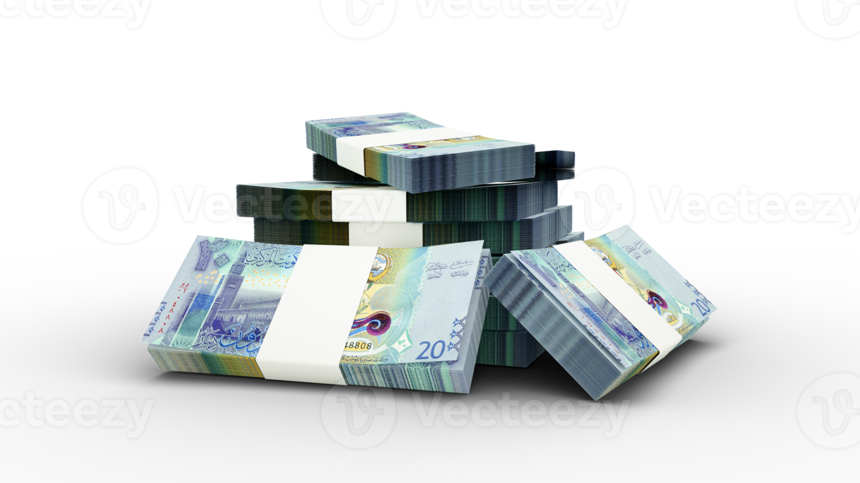3d rendering of Stack of Kuwaiti dinar notes. bundles of Kuwaiti currency notes isolated on transparent background png