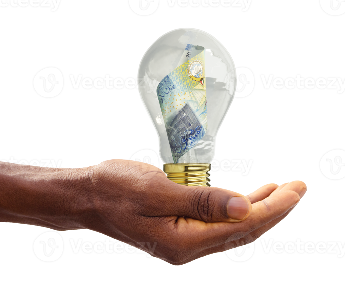 mão negra segurando 3d renderizado nota de dinar kuwaitiano dentro da lâmpada transparente, pensamento criativo. ganhar dinheiro resolvendo problemas. tendo o conceito de ideia png
