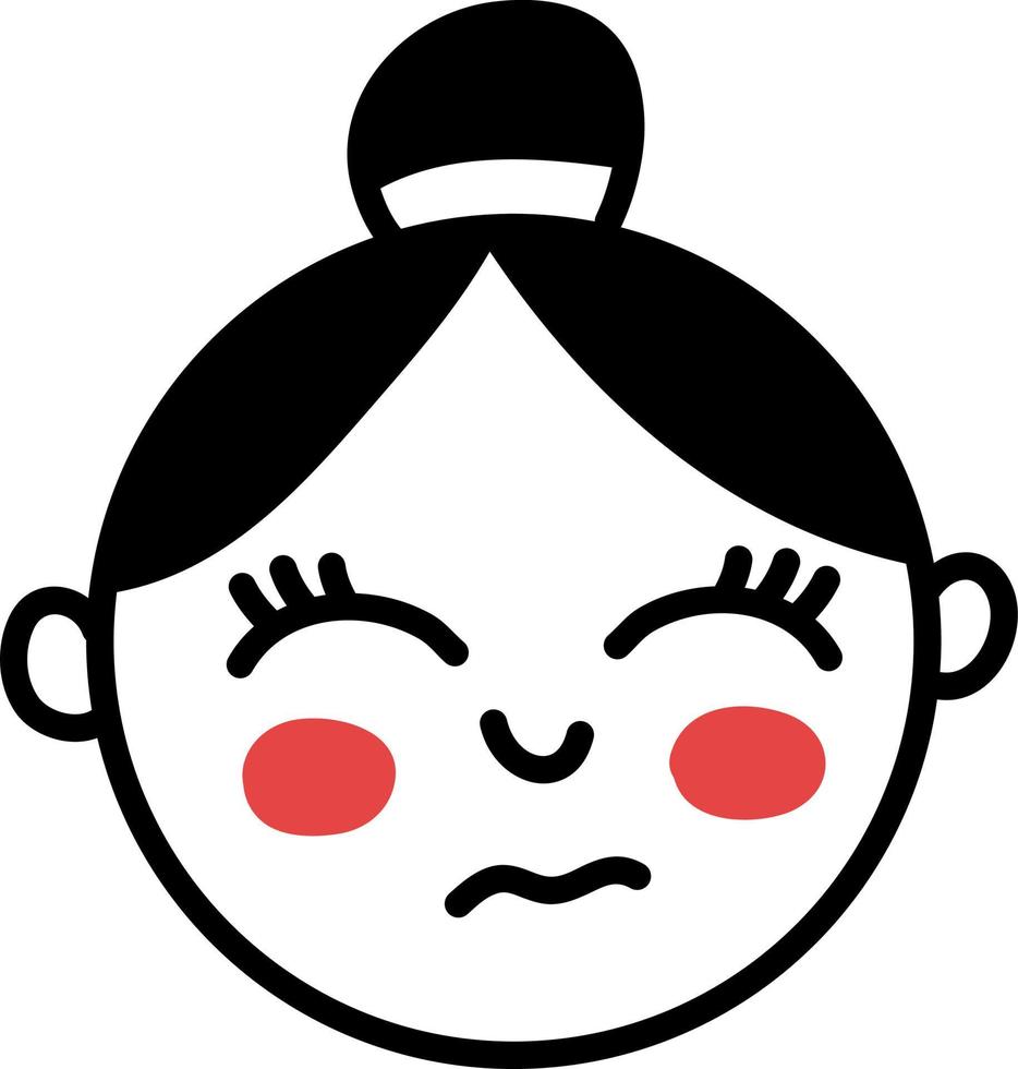 Girl with red cheeks and hair in a bun, illustration, vector on a white background.