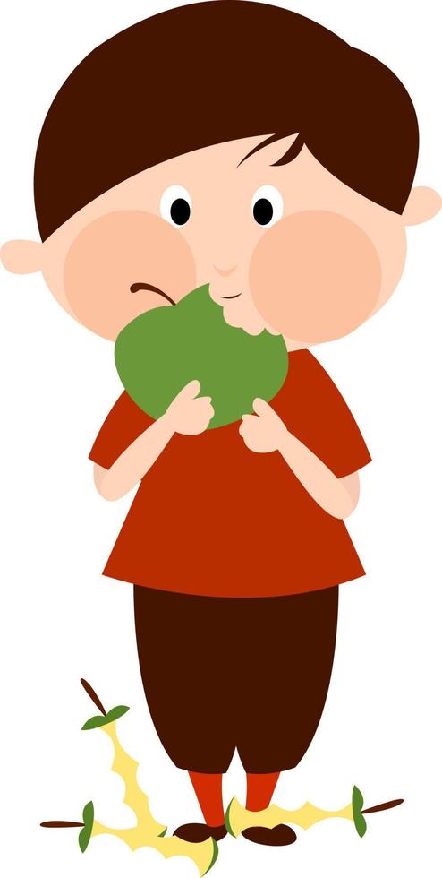Kid eating apple, illustration, vector on white background.