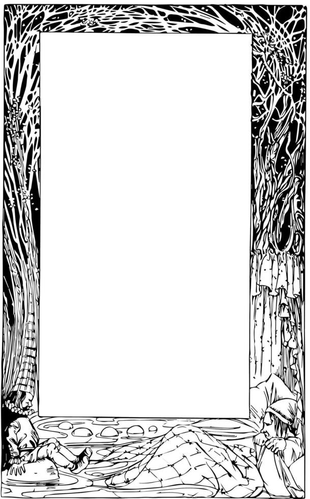 Fairy tale border decorated with two strange characters and trees in this pattern, vintage engraving. vector