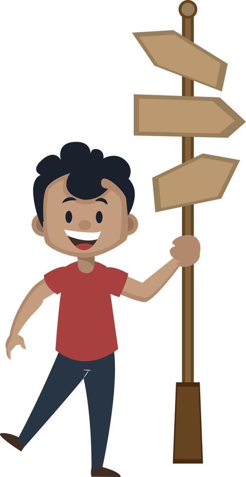 Boy is holding  road direction signs, illustration, vector on white background.