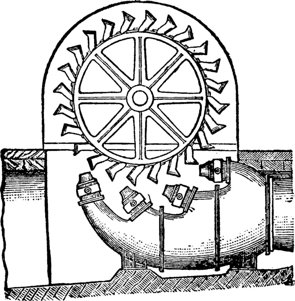 Pelton Wheel Turbine, vintage illustration. vector