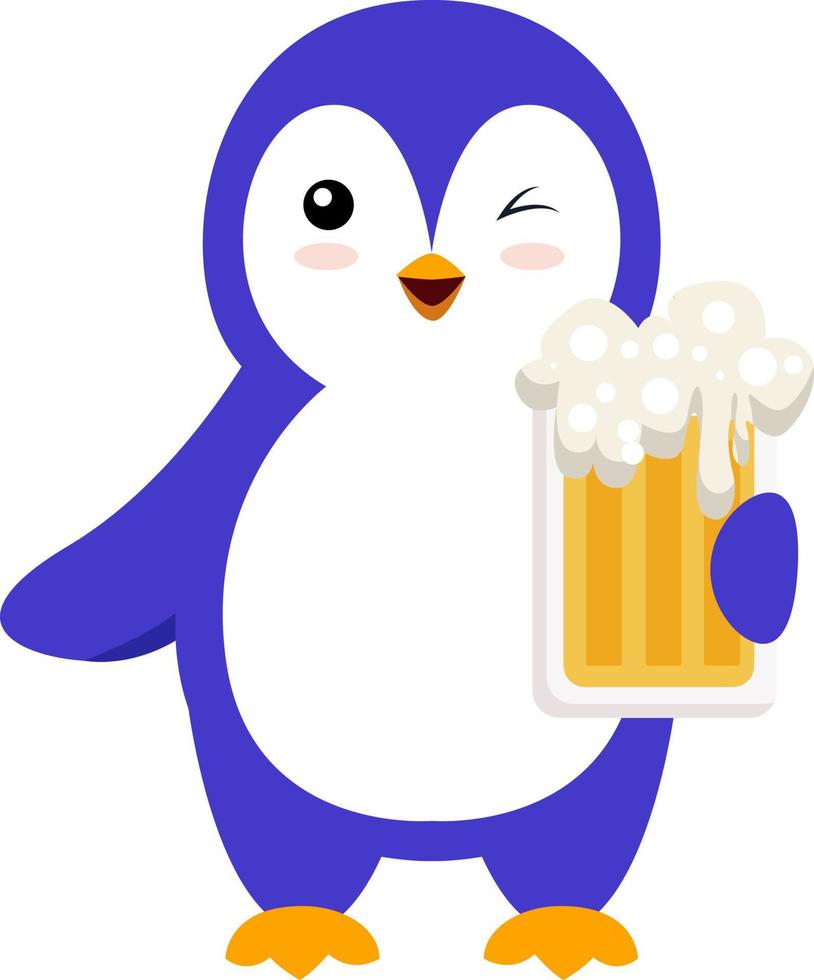 Penguin with beer, illustration, vector on white background.