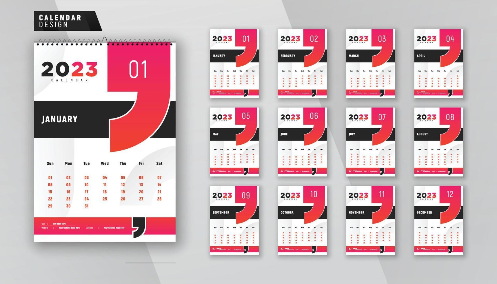 2023 wall calendar 12 page modern creative planner design template vector