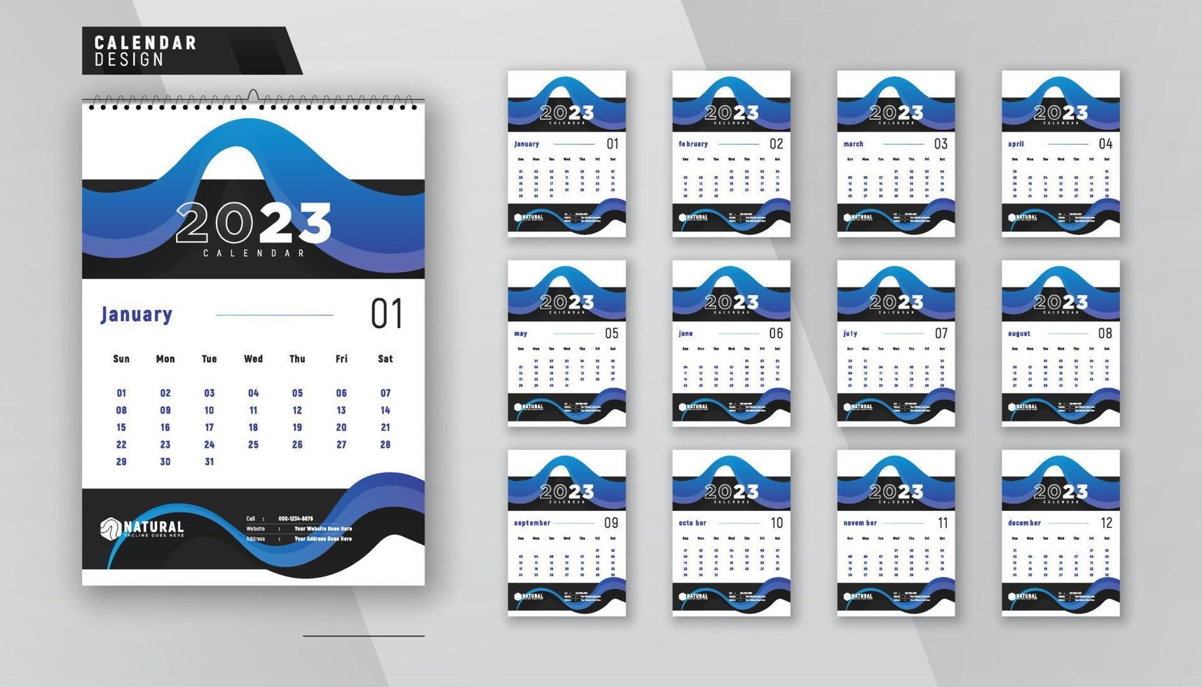 2023 wall calendar 12 page modern creative planner design template vector