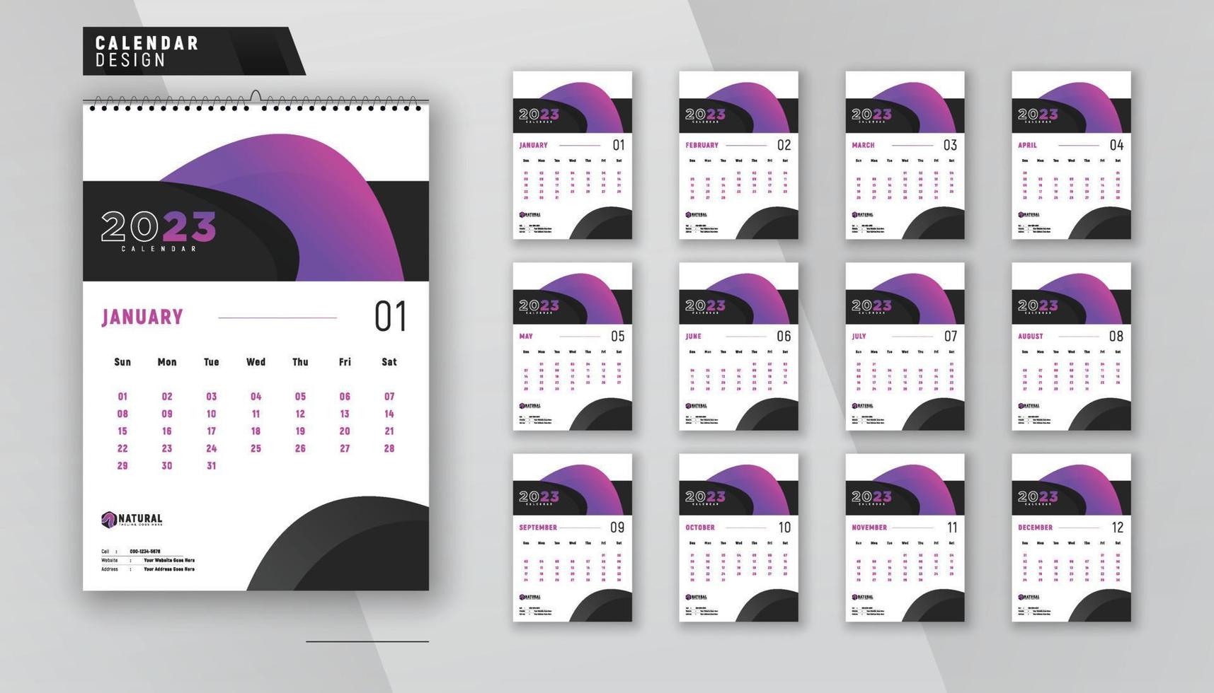 2023 wall calendar 12 page modern creative planner design template vector