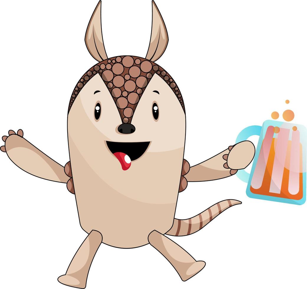 Armadillo with beer, illustration, vector on white background.