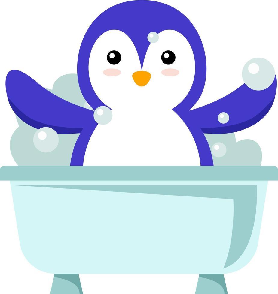 Pingüino en baño, ilustración, vector sobre fondo blanco.